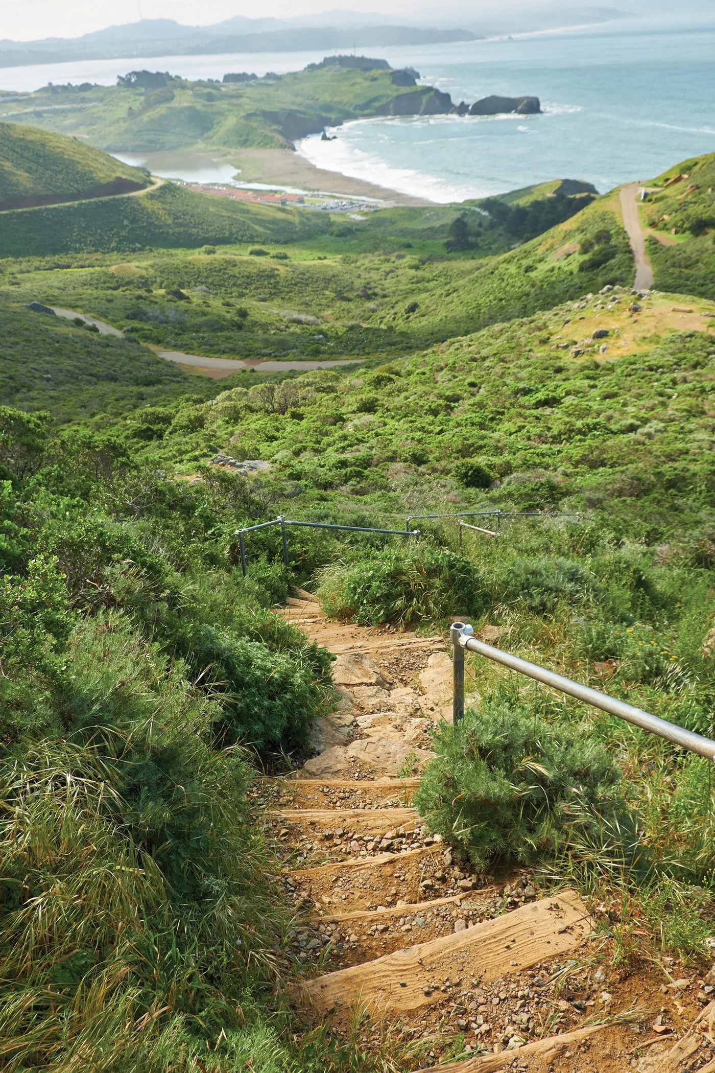 A stepped trail descending from Hill 88 toward Rodeo Beach in the Marin Headlands