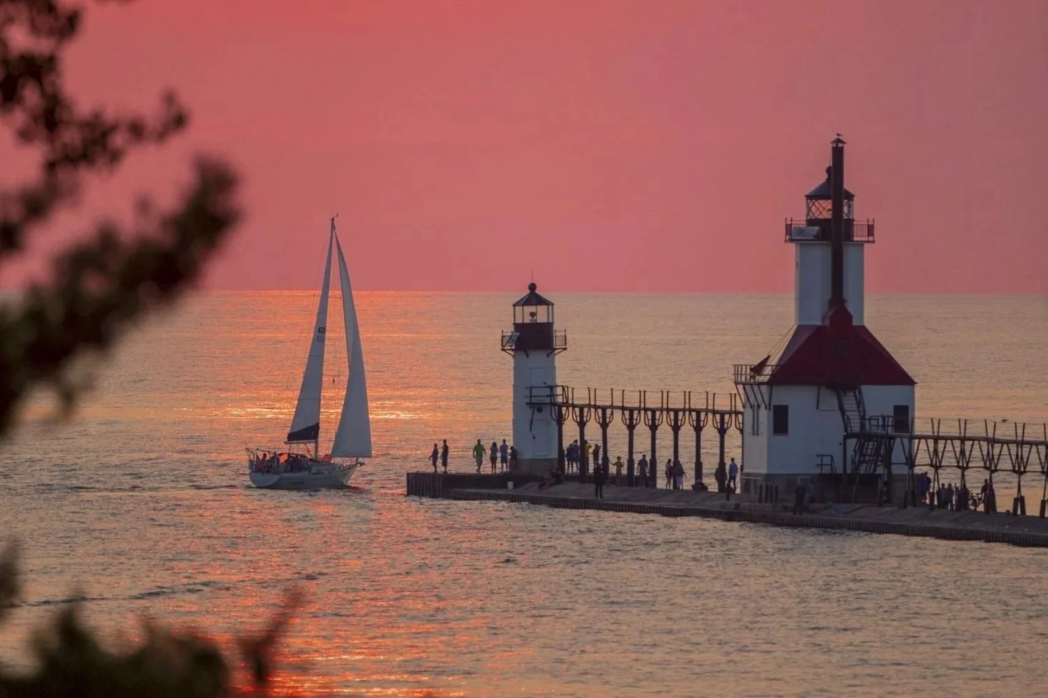 The St. Joseph lighthouses at sunset on Lake Michigan
